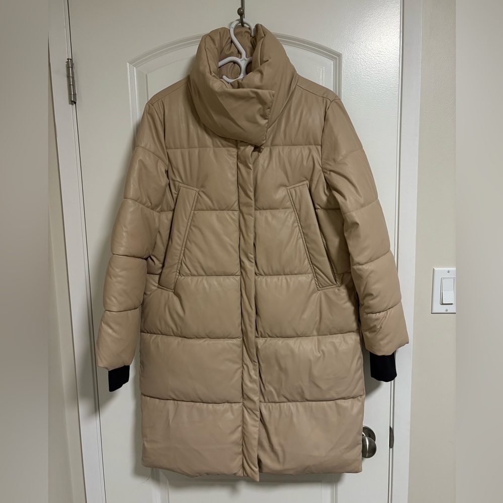 Winter puffer coat faux leather, medium, tan jacket